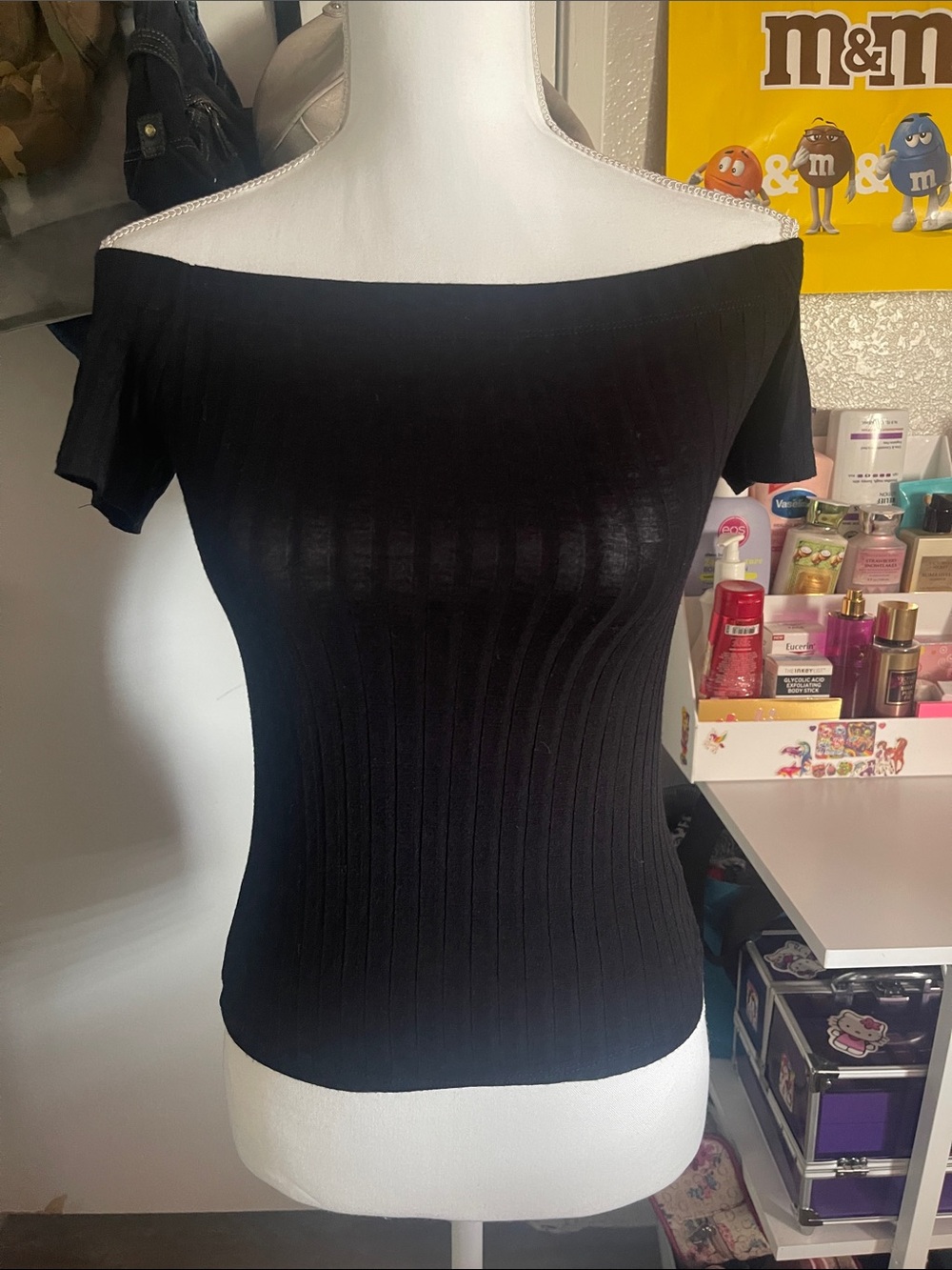 Black Off-Shoulder Ribbed Knit Top